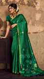 Green & Gold Kantha Ikkat Parrot Tussar Silk Saree