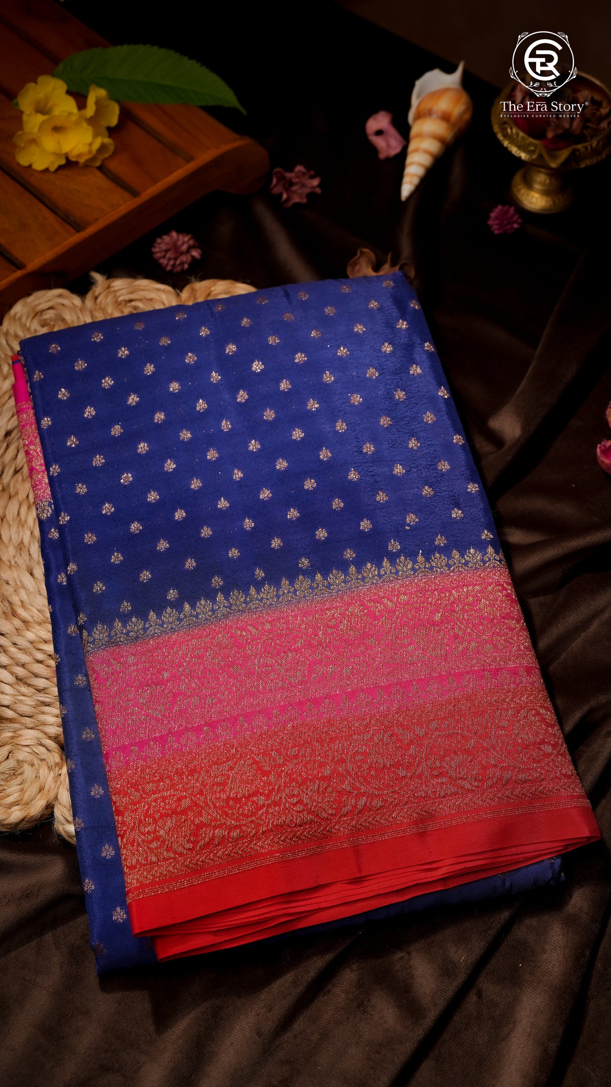 Royal Blue with Pink and Red Border Pure Crepe Chiffon Banarasi Silk Saree