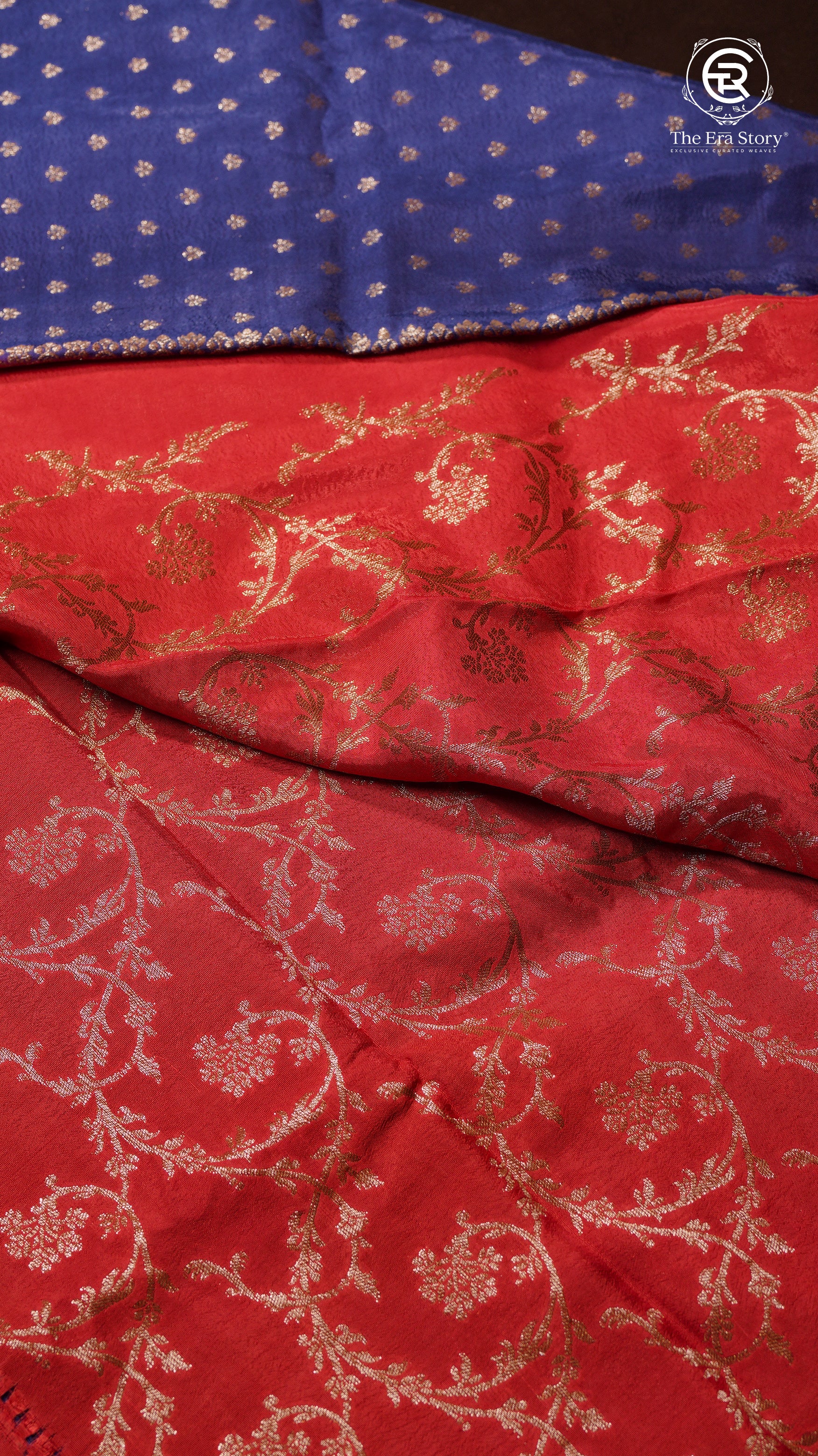 Royal Blue with Pink and Red Border Pure Crepe Chiffon Banarasi Silk Saree