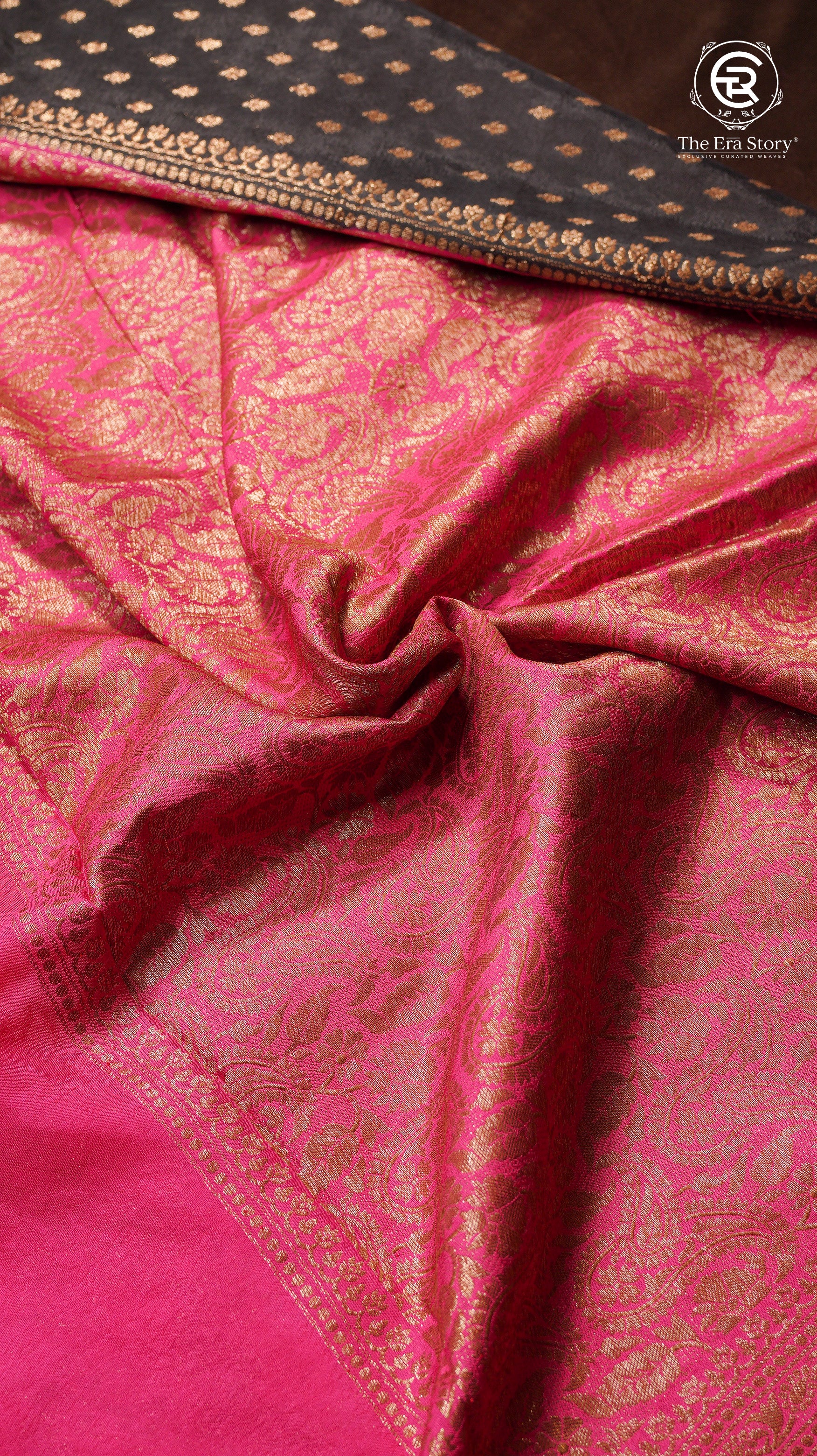 Black and Ruby Pink Pure Crepe Chiffon Banarasi Silk Saree