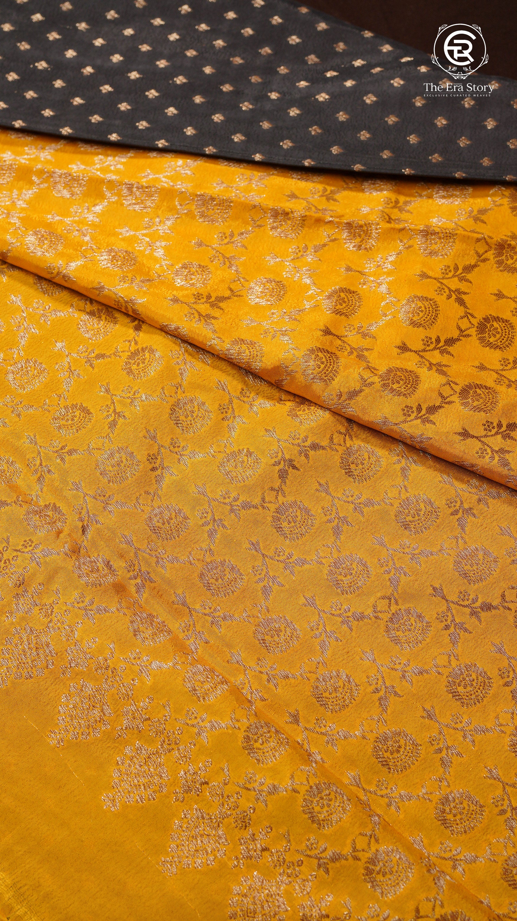 Black and Bumblebee Yellow Pure Crepe Chiffon Banarasi Silk Saree