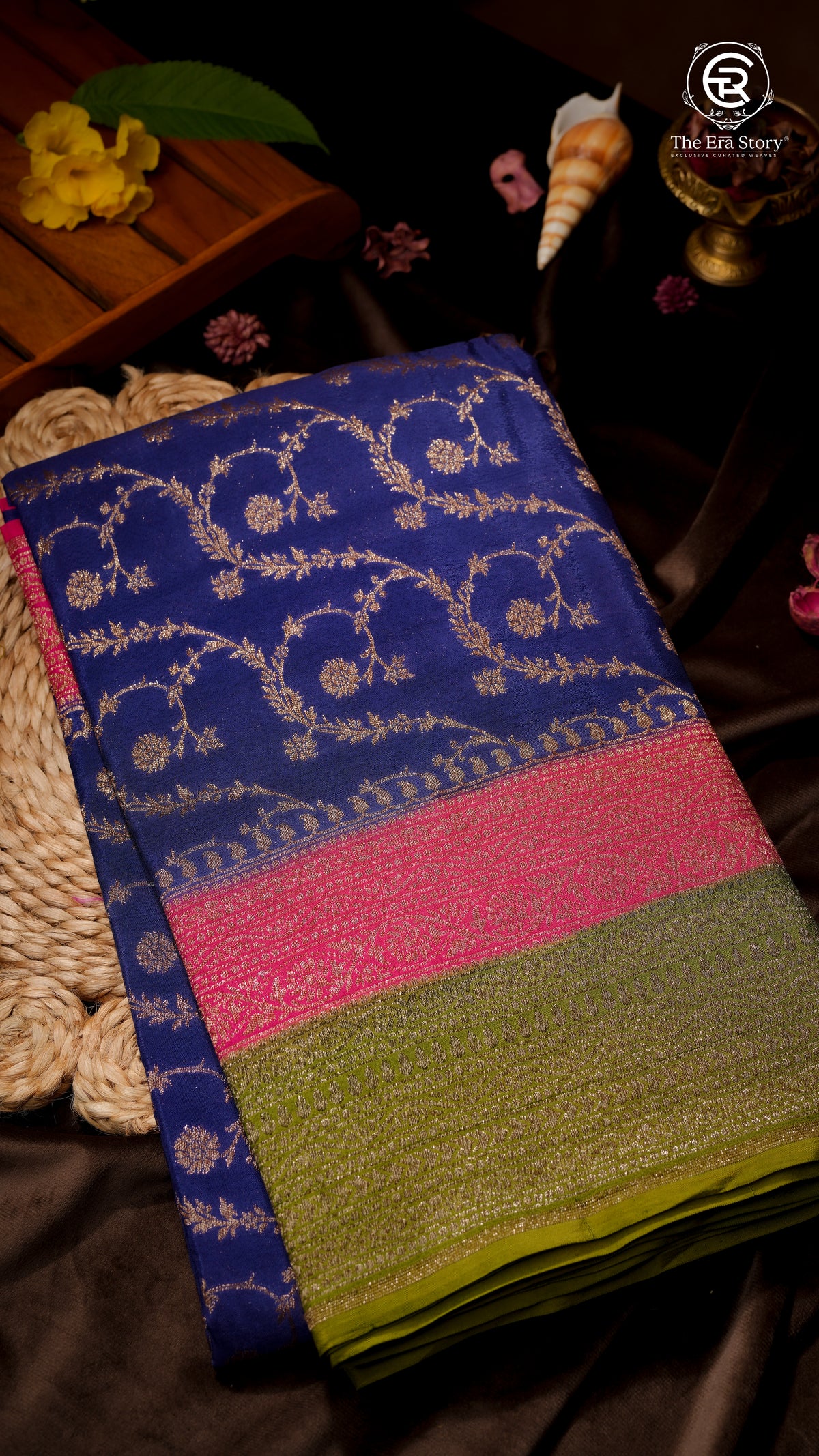 Royal Blue Floral with Pink and Green Border Pure Crepe Chiffon Banarasi Silk Saree