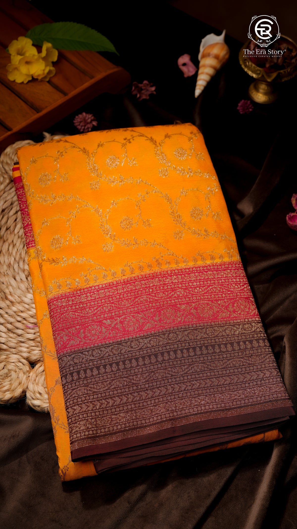 Yellow Floral with Pink and Brown Border Pure Crepe Chiffon Banarasi Silk Saree