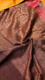 Yellow Floral with Pink and Brown Border Pure Crepe Chiffon Banarasi Silk Saree