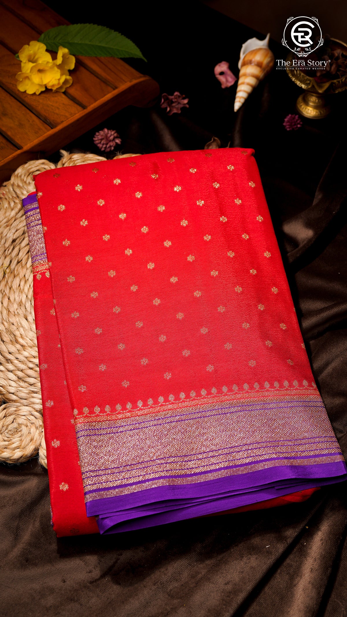 Red and Purple Pure Crepe Chiffon Banarasi Silk Saree