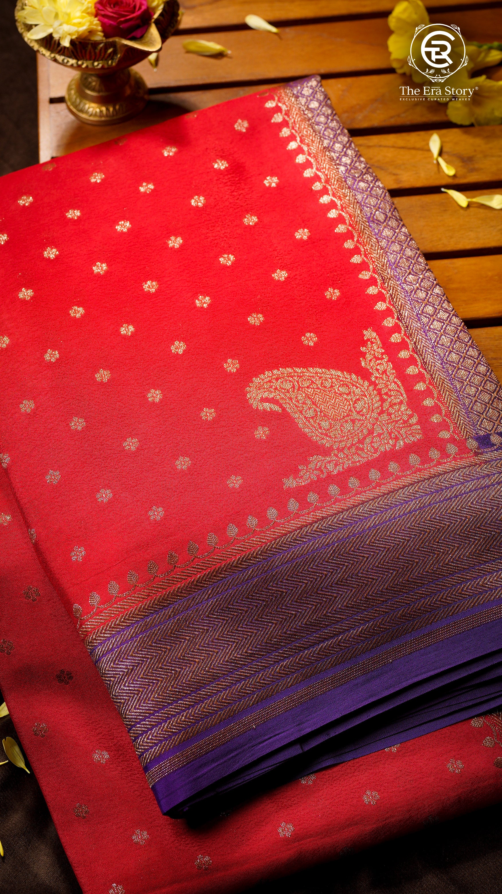 Red and Purple Pure Crepe Chiffon Banarasi Silk Saree