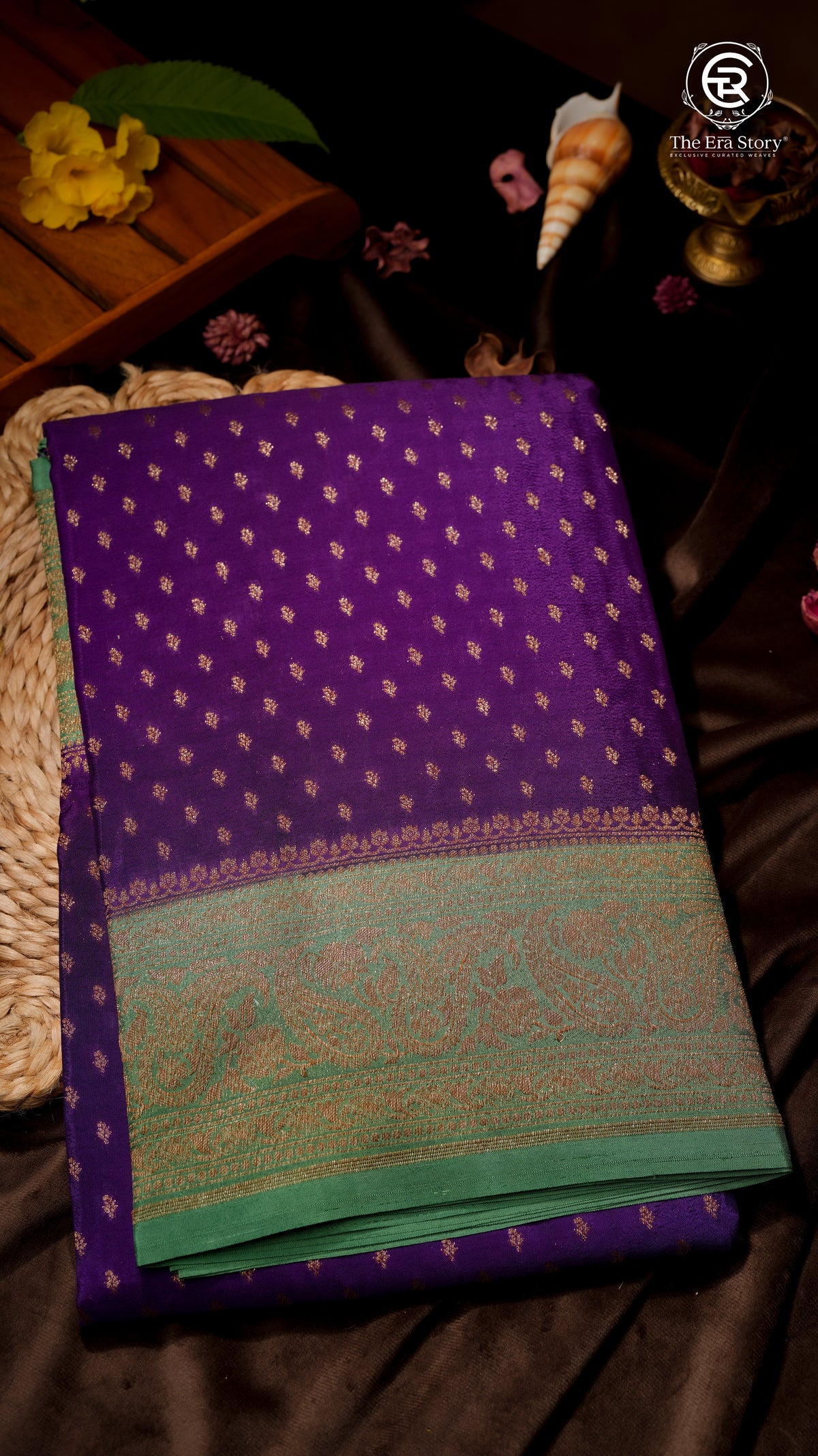 Violet and Green Pure Crepe Chiffon Banarasi Silk Saree
