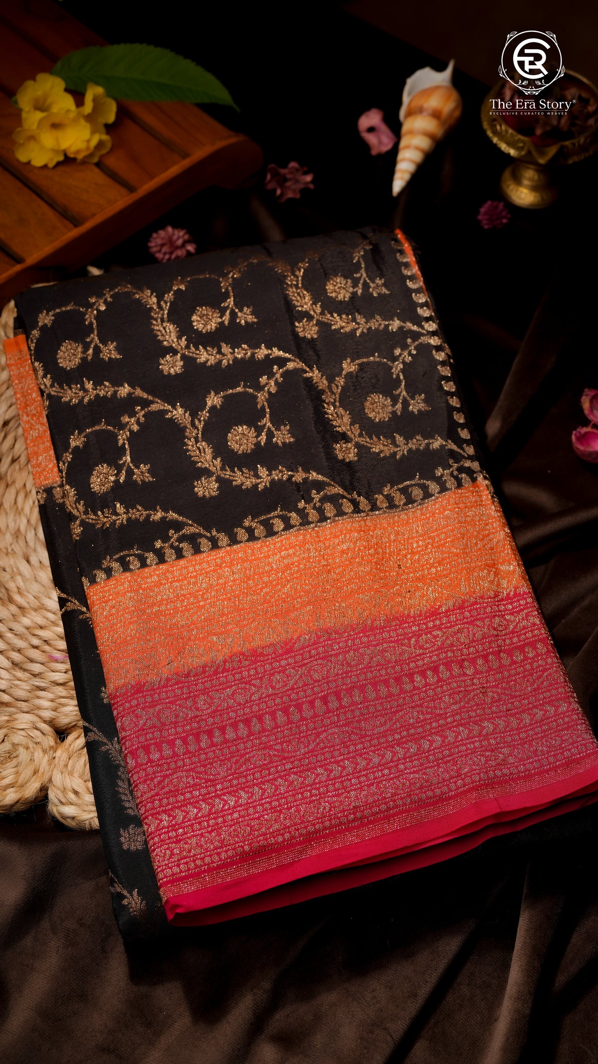Pure Black Floral with Orange and Pink Border Pure Crepe Chiffon Banarasi Silk Saree