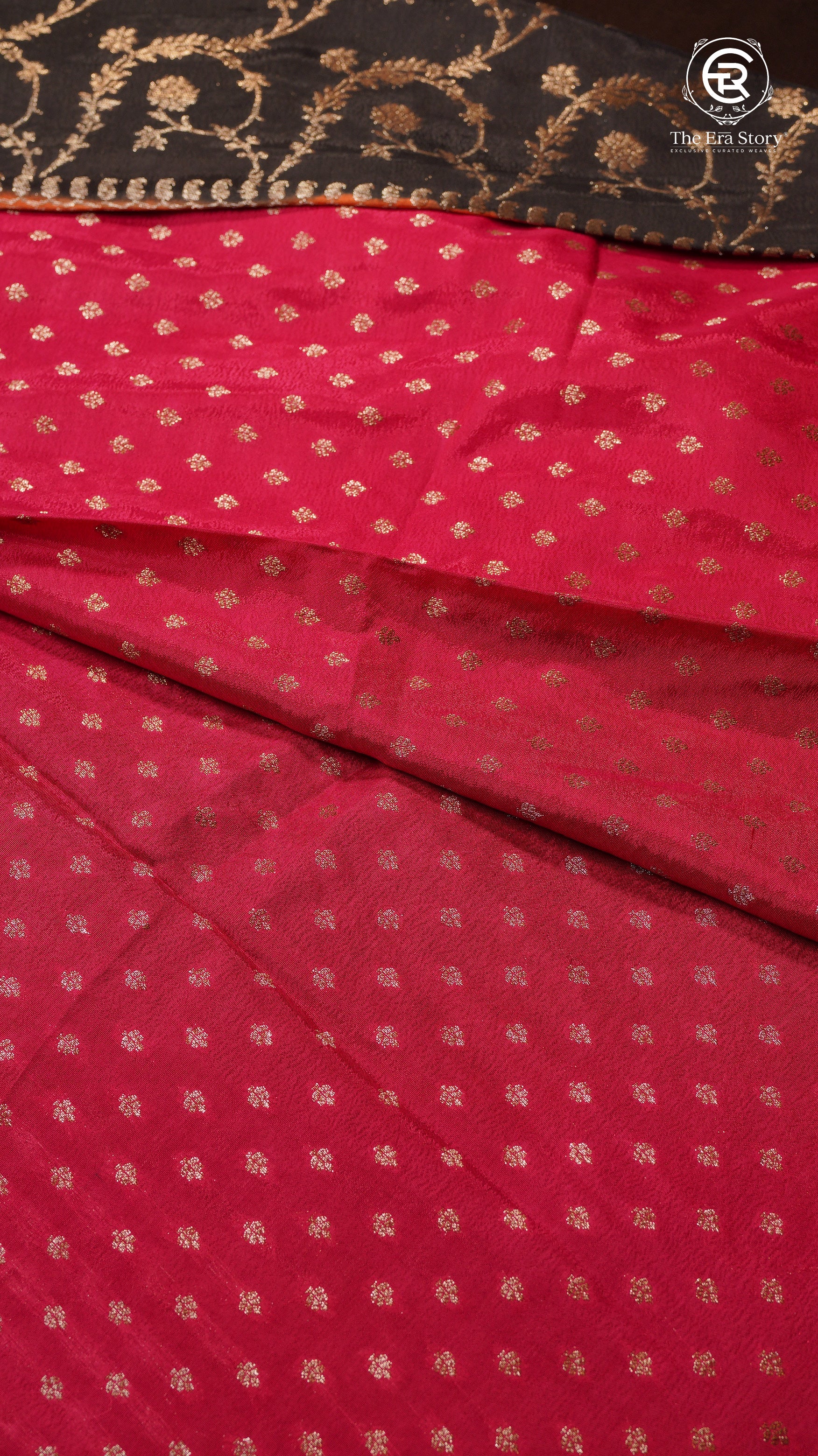 Pure Black Floral with Orange and Pink Border Pure Crepe Chiffon Banarasi Silk Saree