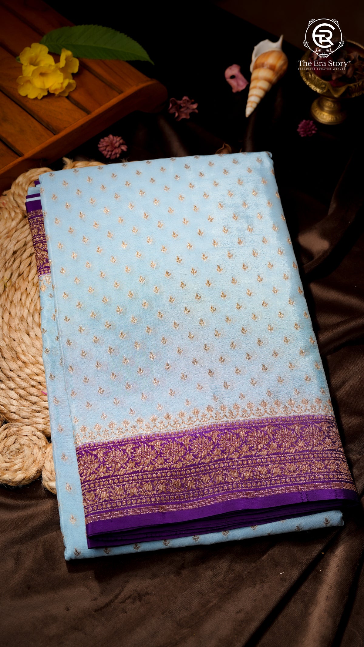 Baby Blue and Violet Pure Crepe Chiffon Banarasi Silk Saree