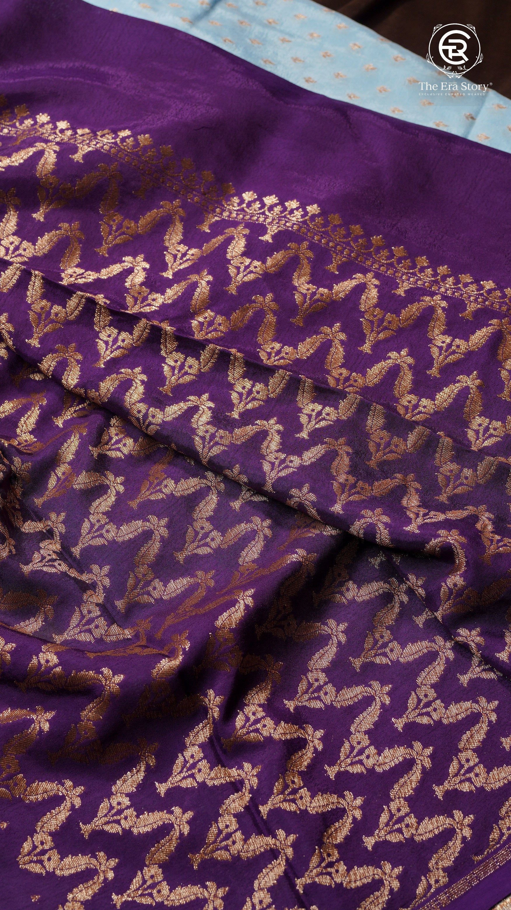 Baby Blue and Violet Pure Crepe Chiffon Banarasi Silk Saree