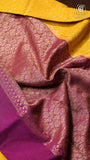 Yellow and Purple Pure Crepe Chiffon Banarasi Silk Saree