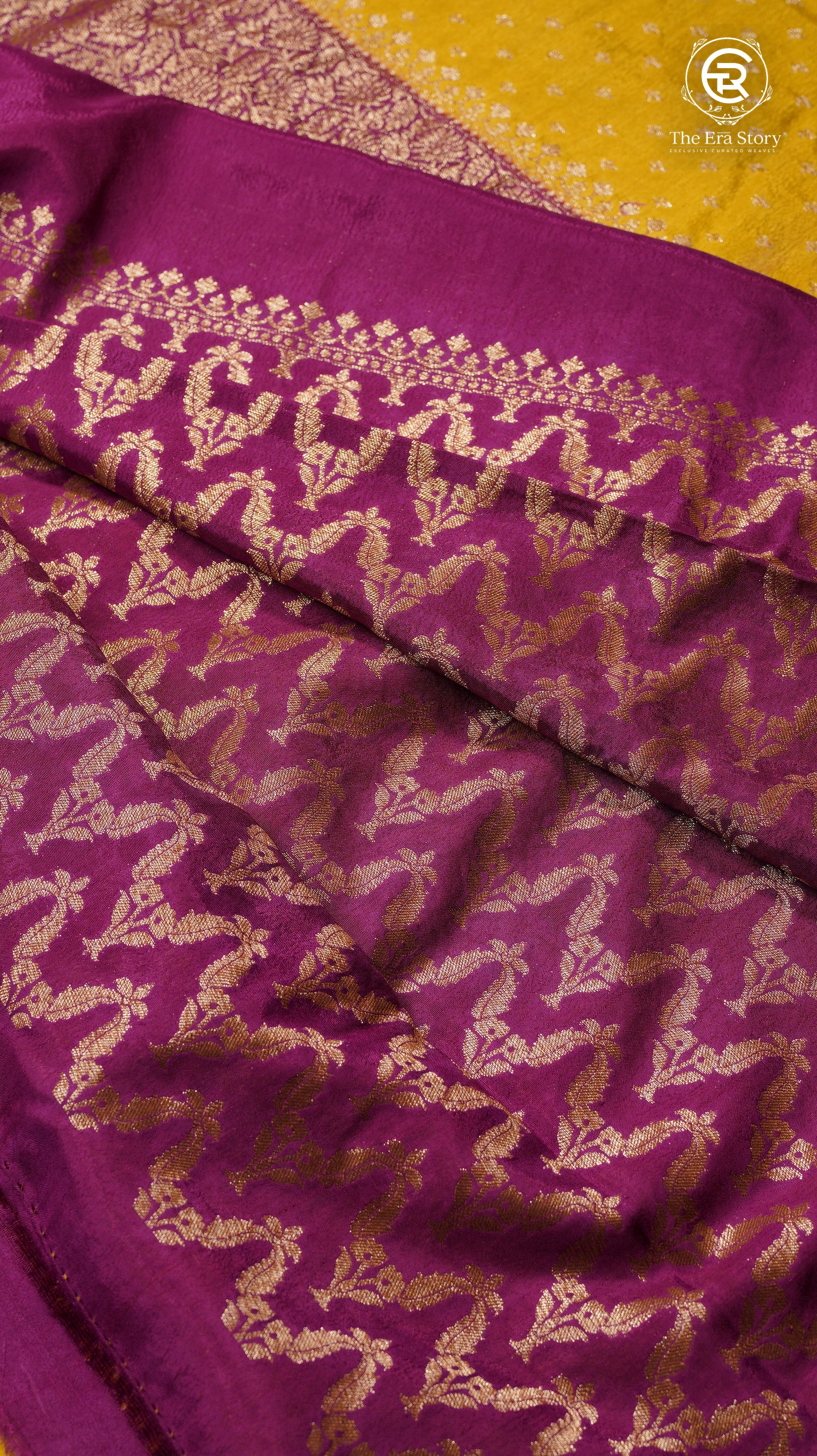 Yellow and Purple Pure Crepe Chiffon Banarasi Silk Saree