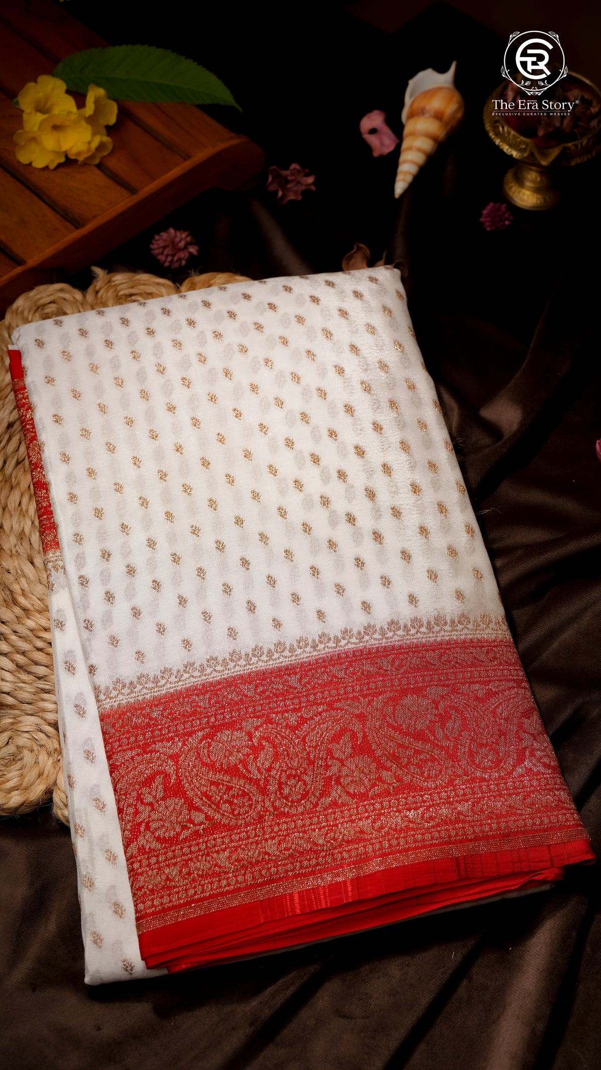 White and Red Pure Crepe Chiffon Banarasi Silk Saree