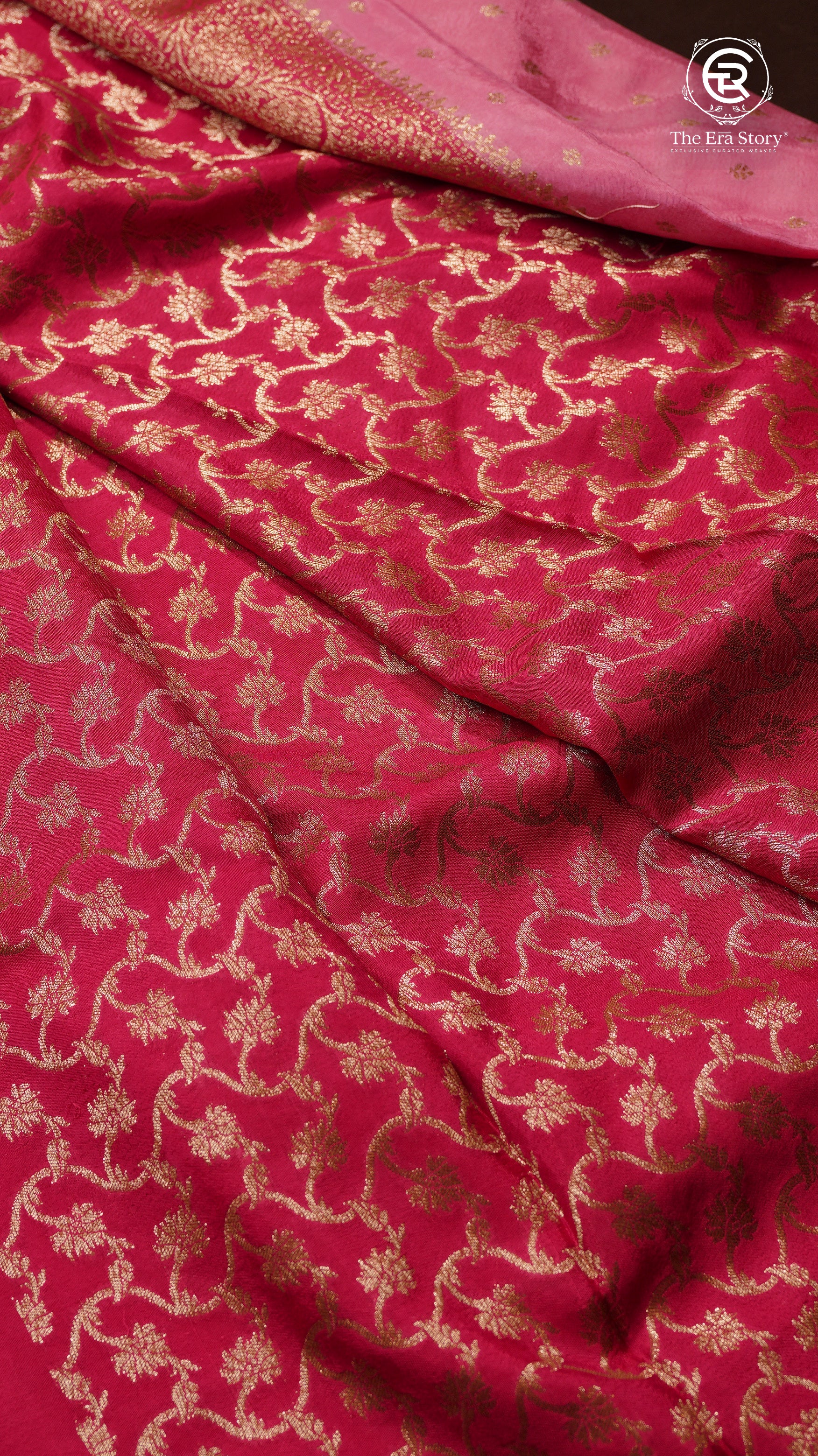 Baby Pink and Ruby Pink Pure Crepe Chiffon Banarasi Silk Saree