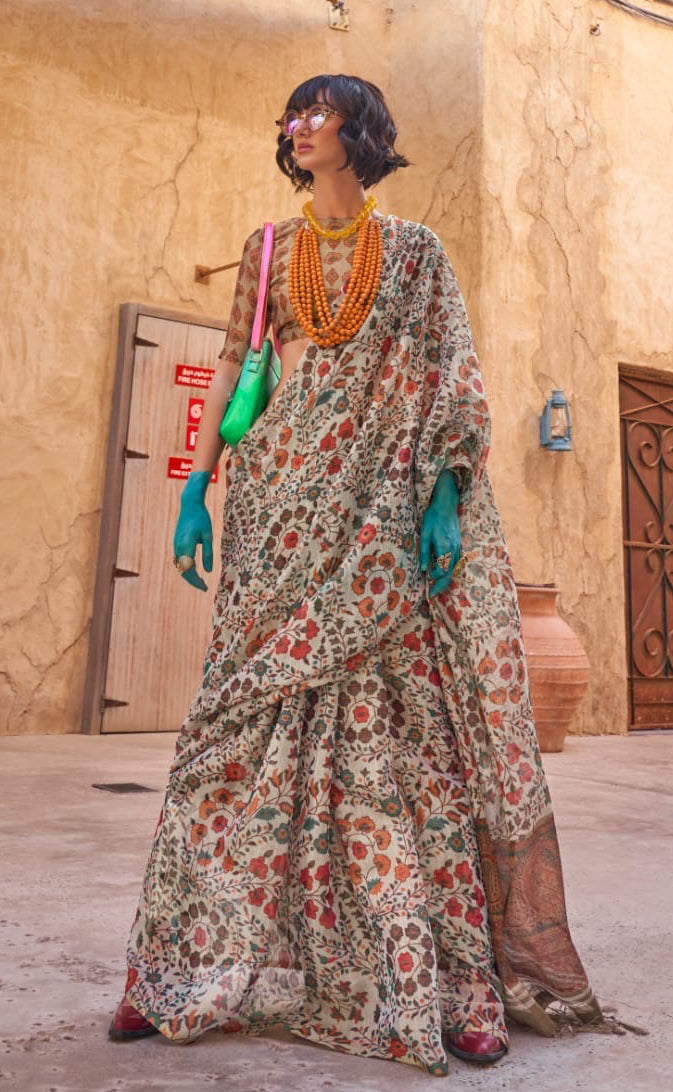 Beige Floral Handloom Zari Tissue Silk Saree