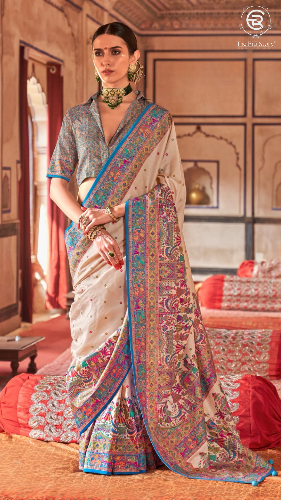 Sky Blue Beige Festive Crepe Banarasi Silk Saree