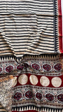 White & Black Line Patterned Handblocked Pure Maheshwari Cotton Sarees