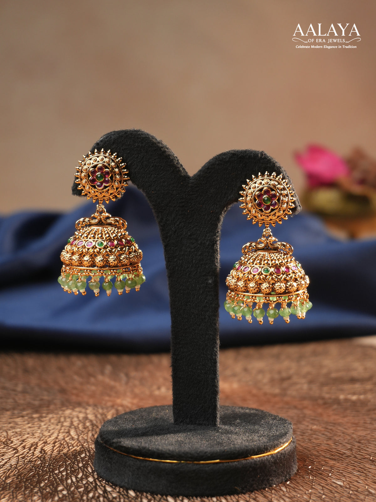 Aalaya Ruby & Emerald Floral Dome Jhumka Earrings