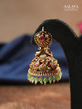 Aalaya Dual Peacock Temple Jhumka Earrings with Green Beads