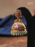 Aalaya Floral Heritage Temple Jhumka Earrings with Green Beads