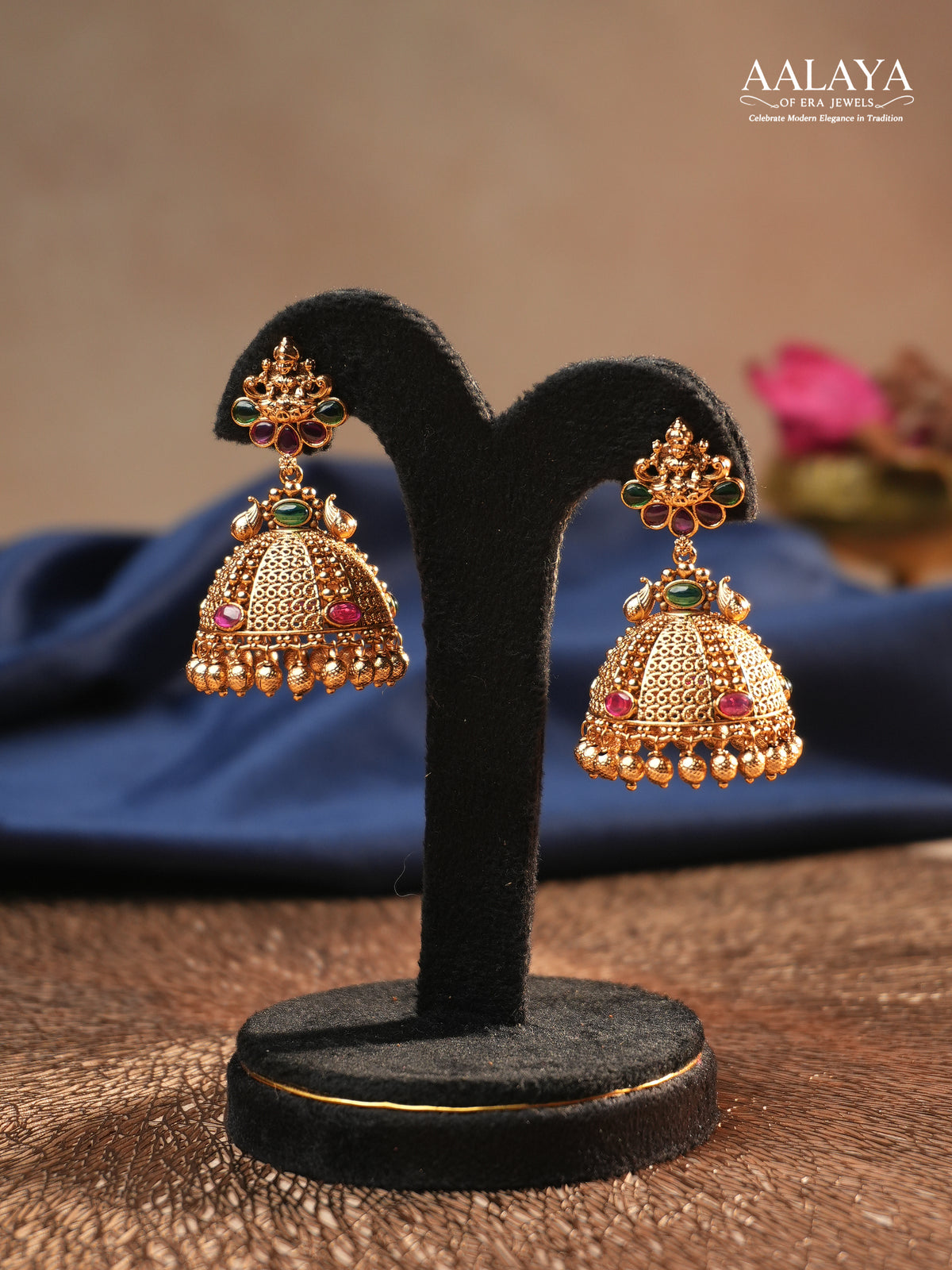 Aalaya Lakshmi Ruby and Emerald Temple Dome Jhumka Earrings