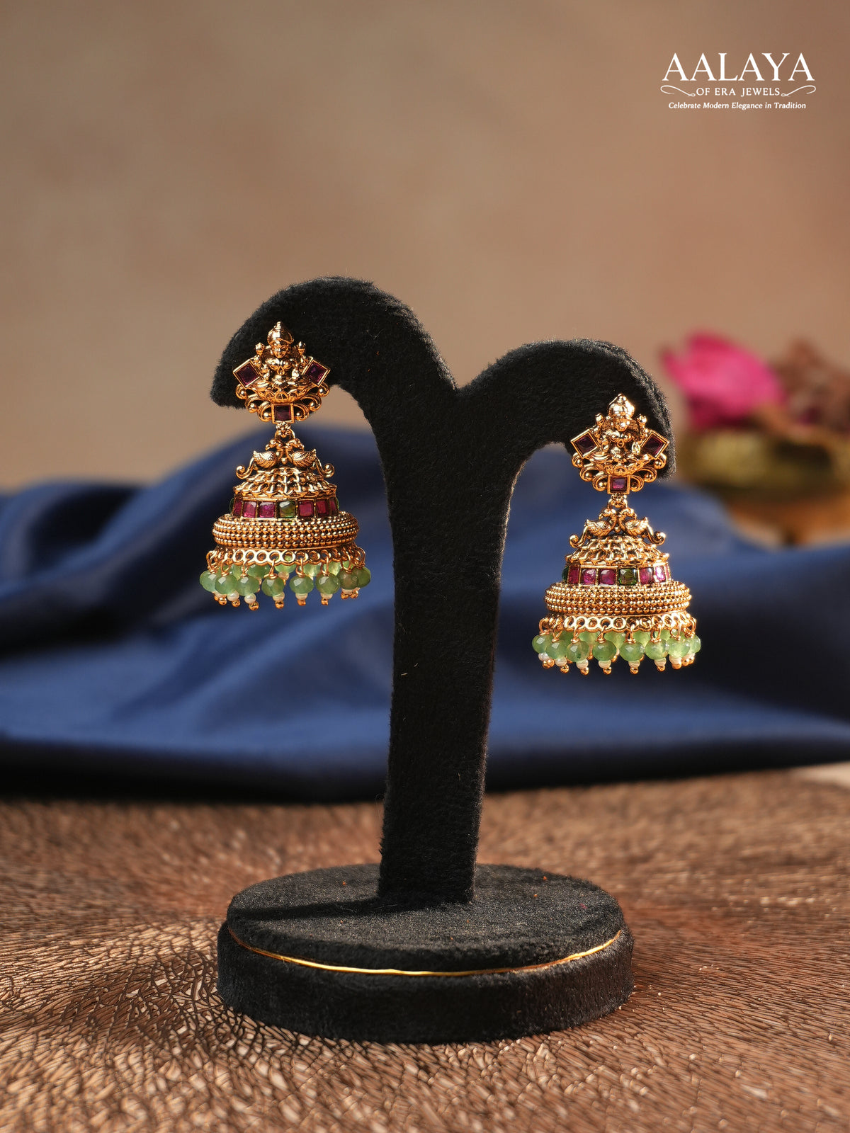 Aalaya Lakshmi Ruby Layered Jhumka Earrings with Green Drops
