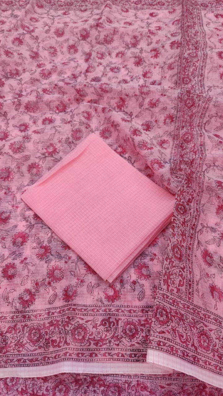 Pink & Magenta Floral Kota Doria Summer Cotton Saree