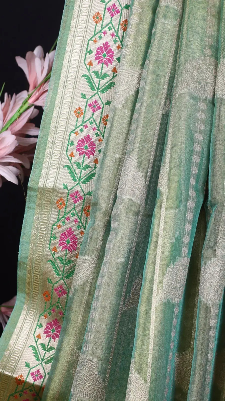 Premium Pista Green Tissue Silk Saree with Paithani Border