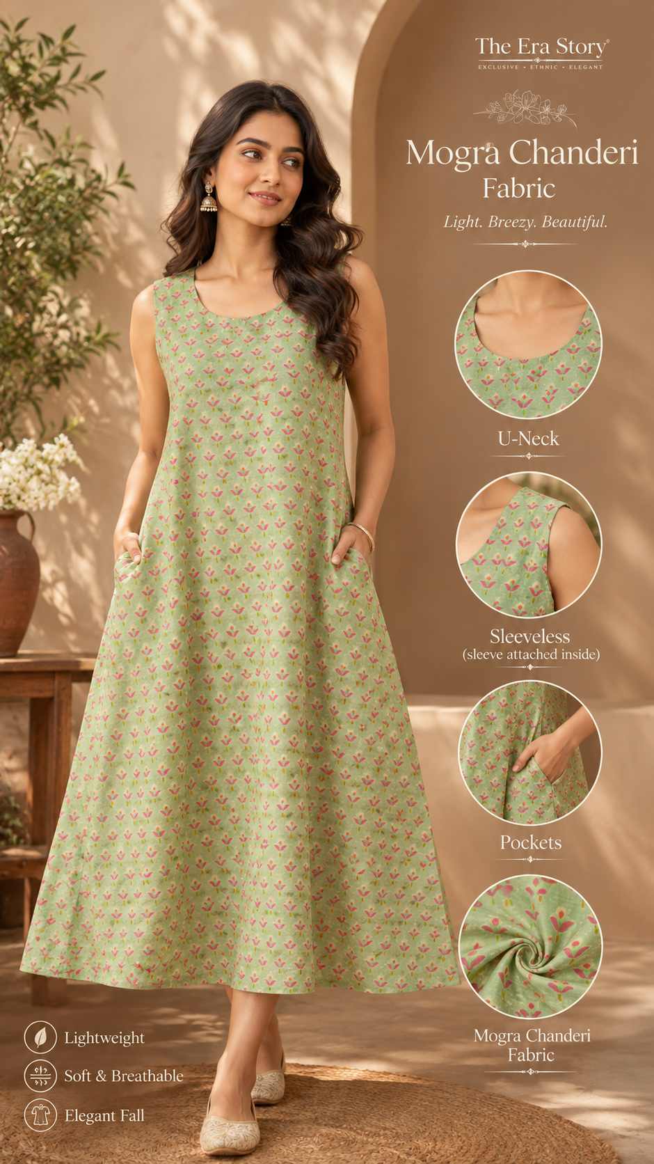 Green Pink Lotus Mogra Chanderi Ready-to-Wear Kurti
