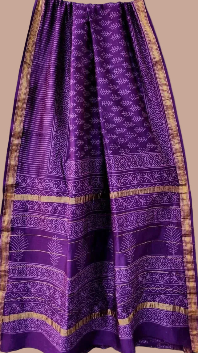 Purple Line Floral Handblocked Pure Maheshwari Cotton Silk Sarees