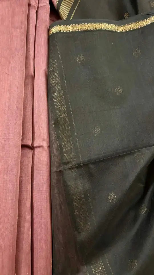 Black and Onion Pink Star Butta with Contrast Border Pure Maheshwari Silk Saree