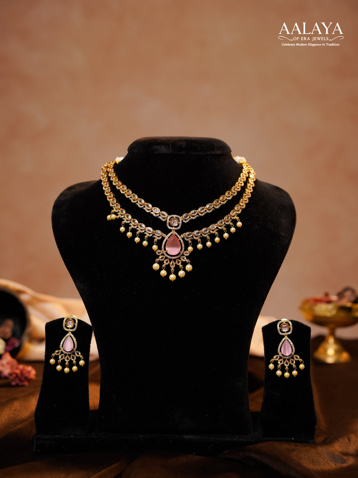 Aalaya Double Layered Polki Pink Pearl Necklace Set