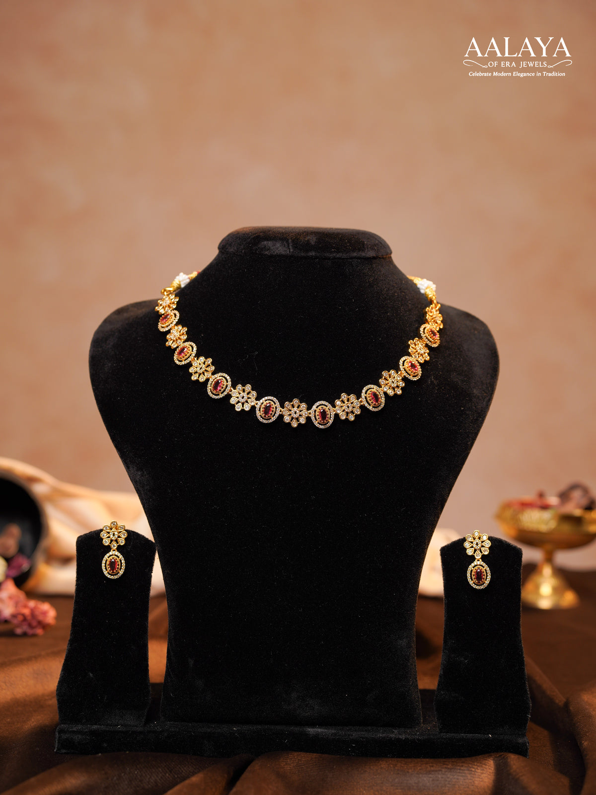 Aalaya Ruby Floral Motif Heritage Necklace Set