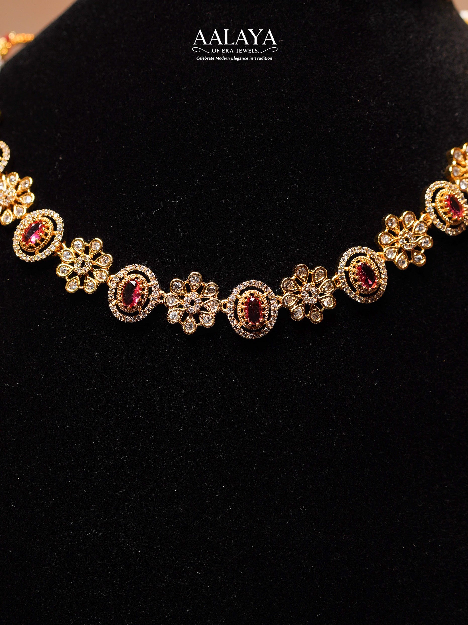 Aalaya Ruby Floral Motif Heritage Necklace Set