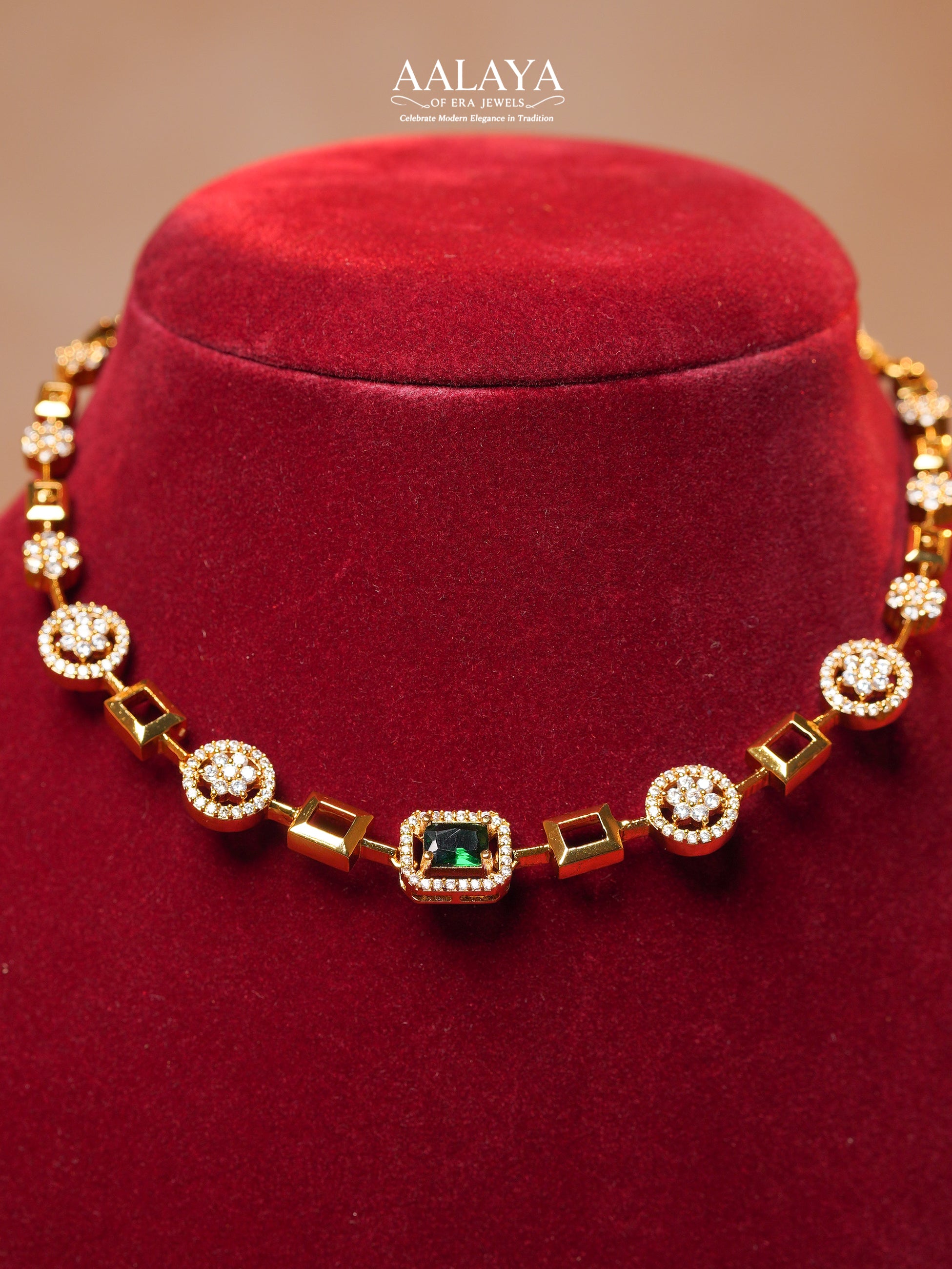 Aalaya Contemporary Emerald Square Link Diamond Necklace Set