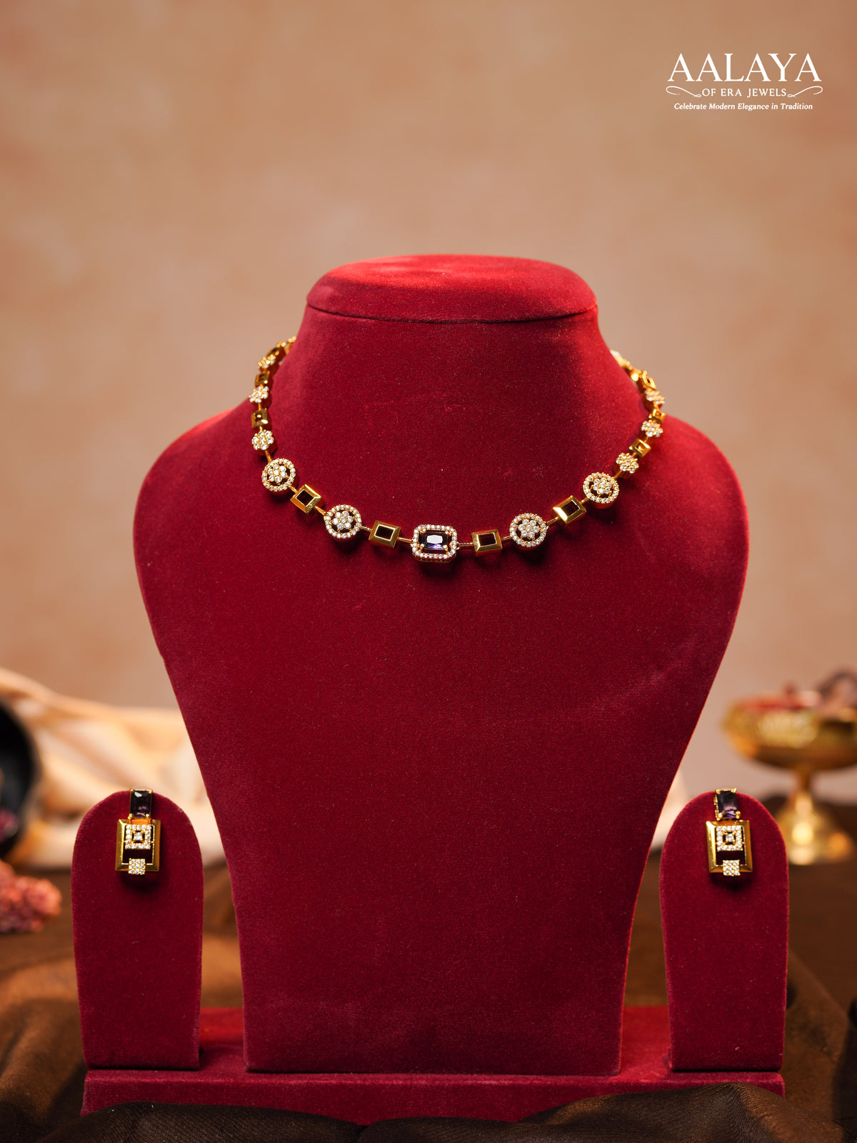 Aalaya Contemporary Purple Square Link Diamond Necklace Set