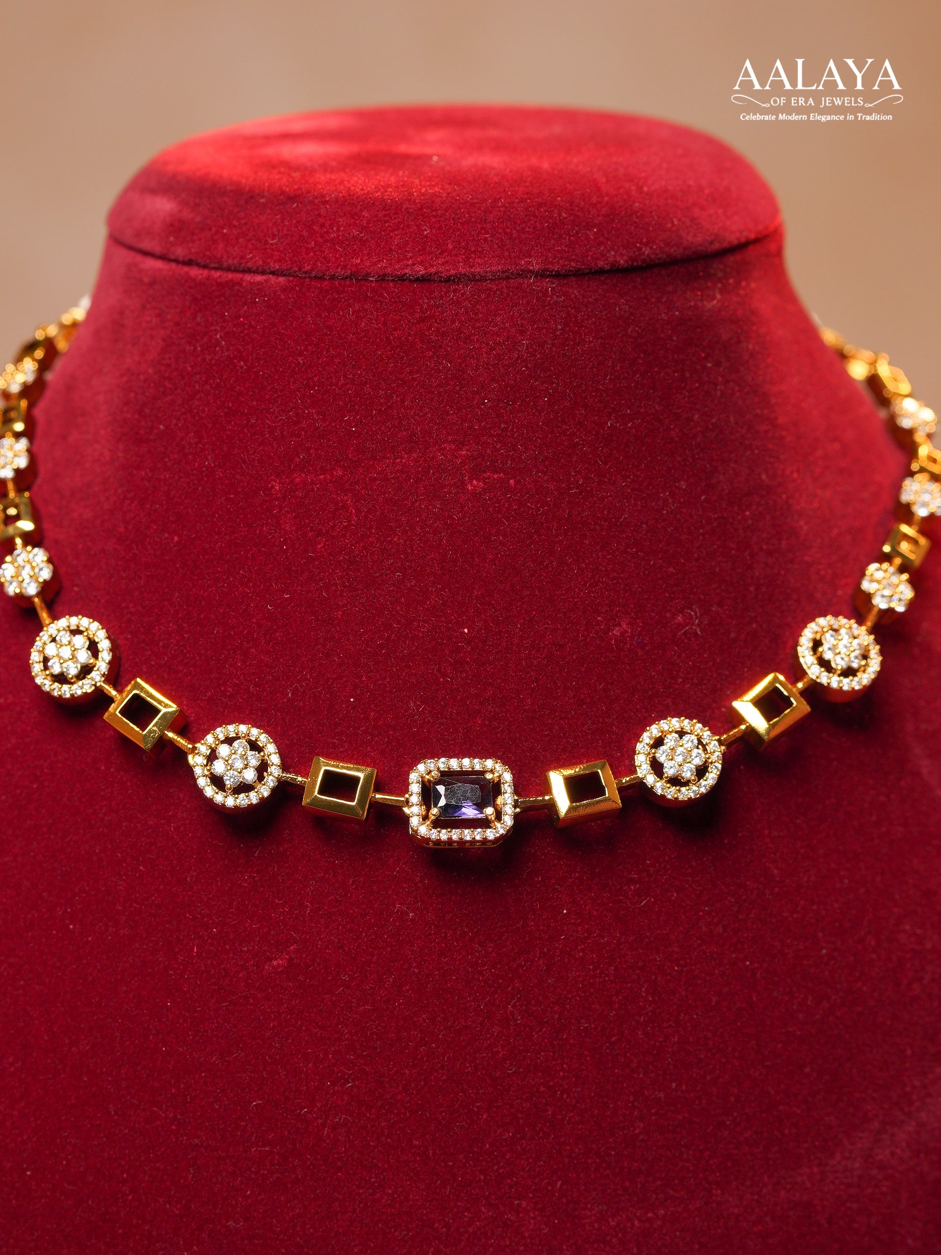 Aalaya Contemporary Purple Square Link Diamond Necklace Set