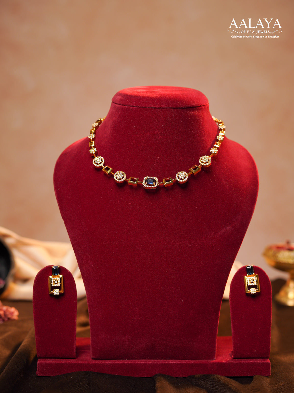 Aalaya Contemporary Blue Square Link Diamond Necklace Set
