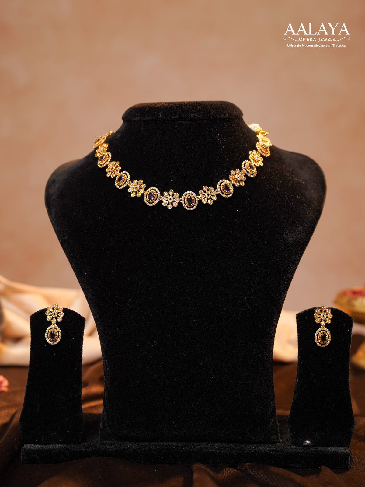 Aalaya Purple Floral Motif Heritage Necklace Set