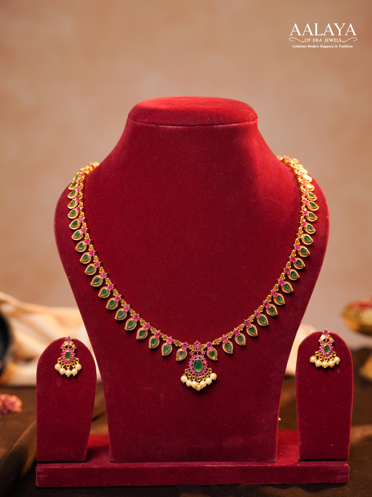 Aalaya Ruby and Emerald Teardrop Pearl Accent Necklace Set