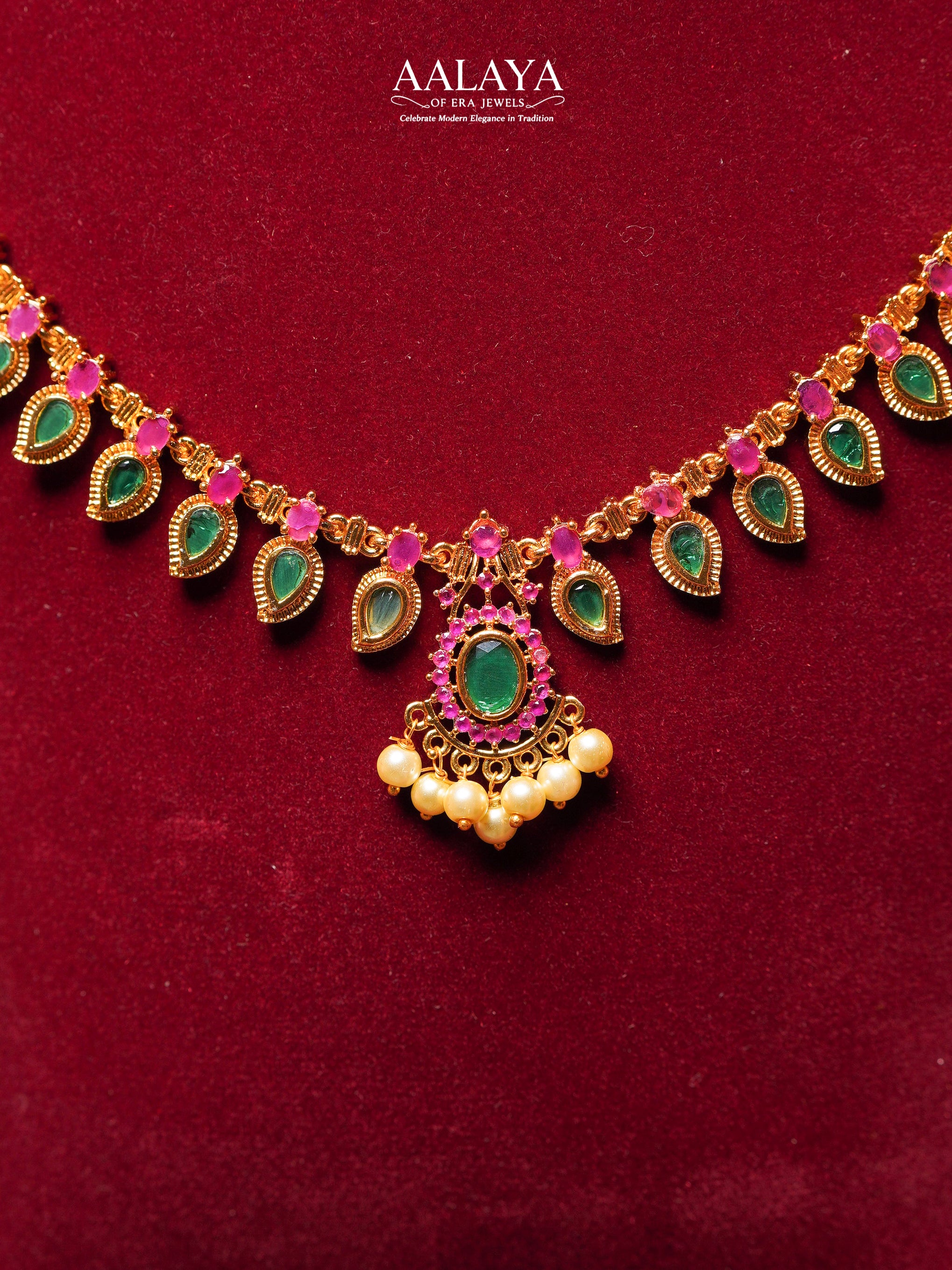 Aalaya Ruby and Emerald Teardrop Pearl Accent Necklace Set