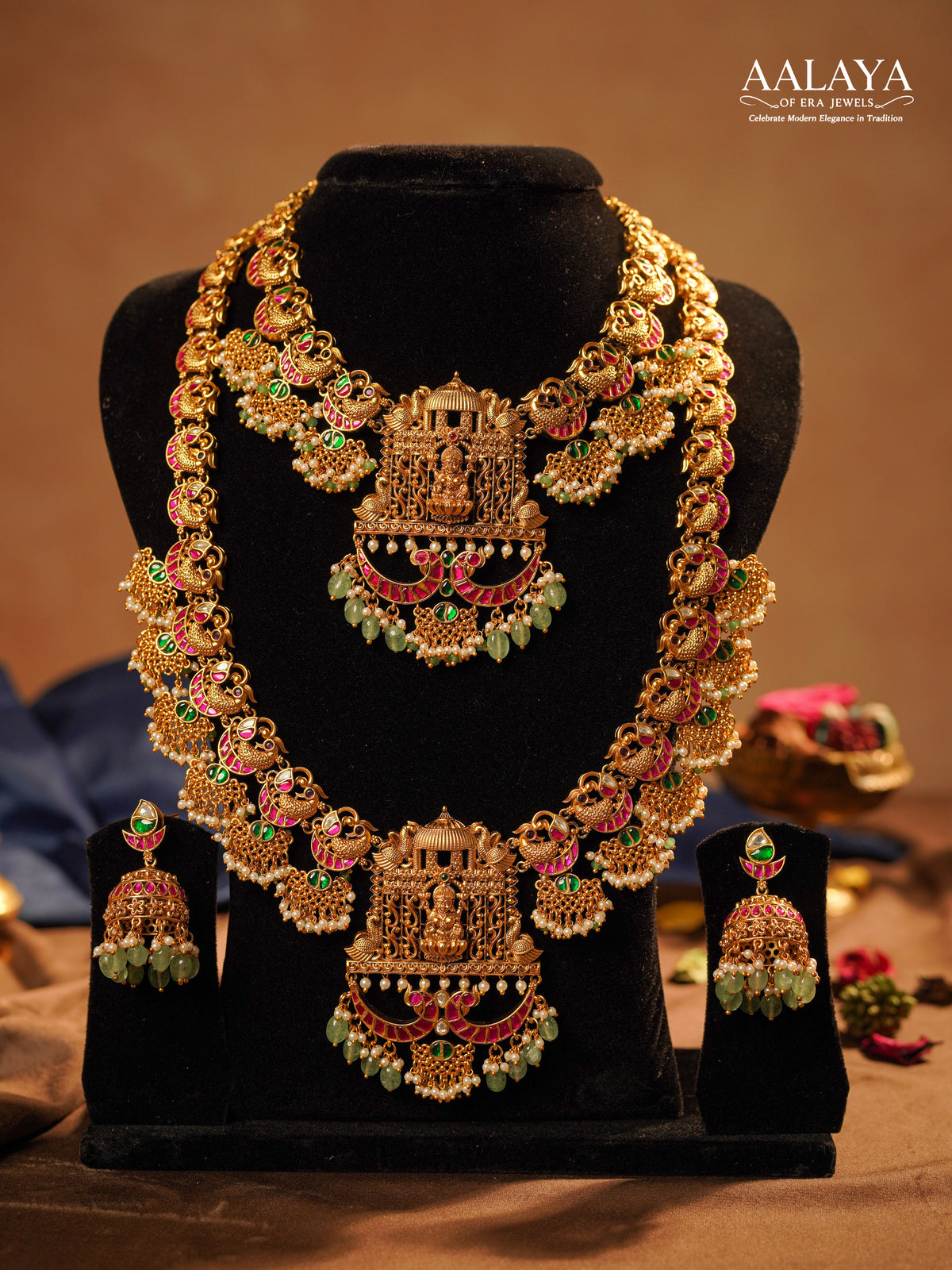 Aalaya Divine Peacock Temple Necklace and Haaram Bridal Set – Jadauv Design