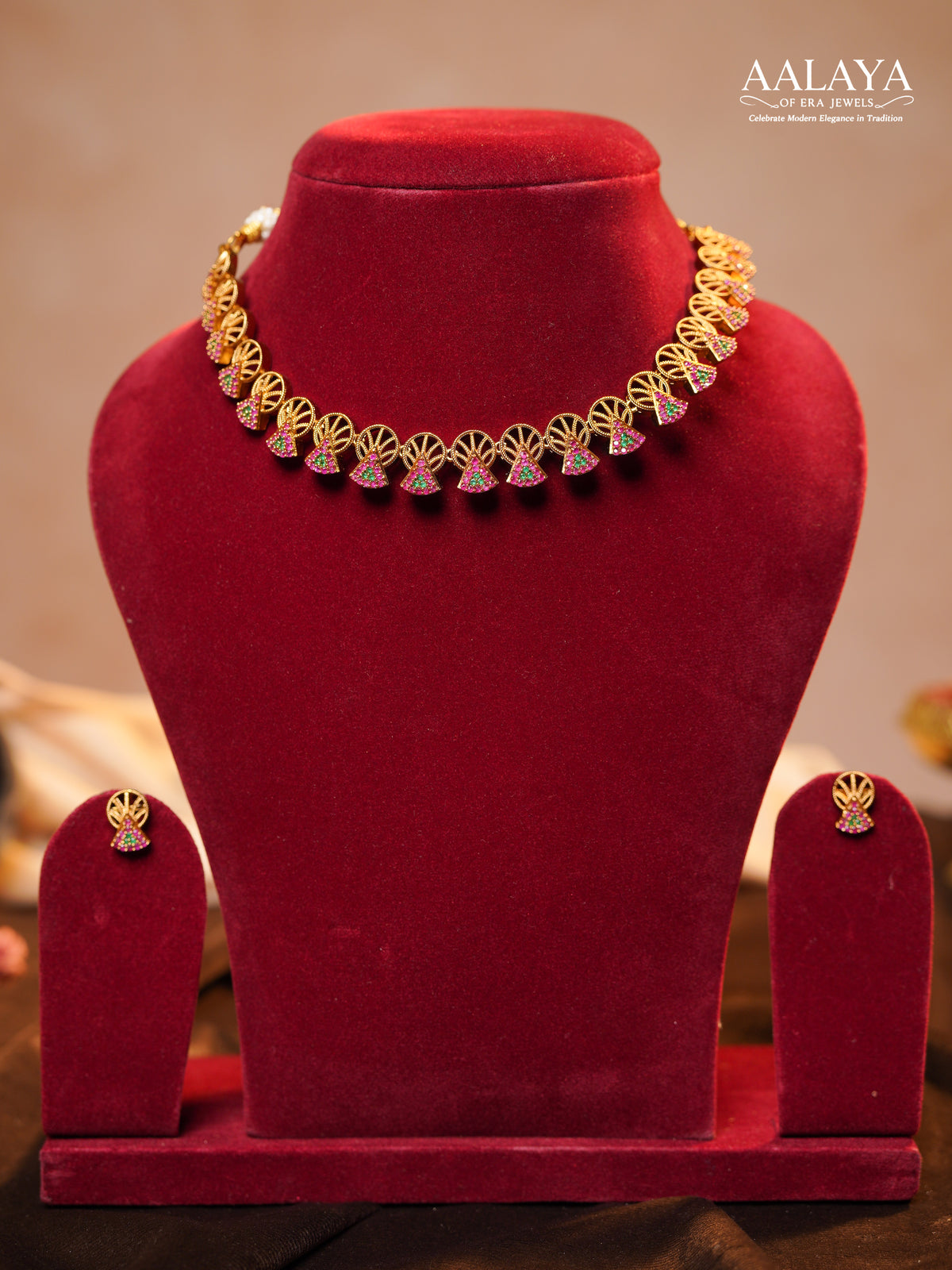 Aalaya Fan Motif Ruby & Emerald Accent Necklace Set