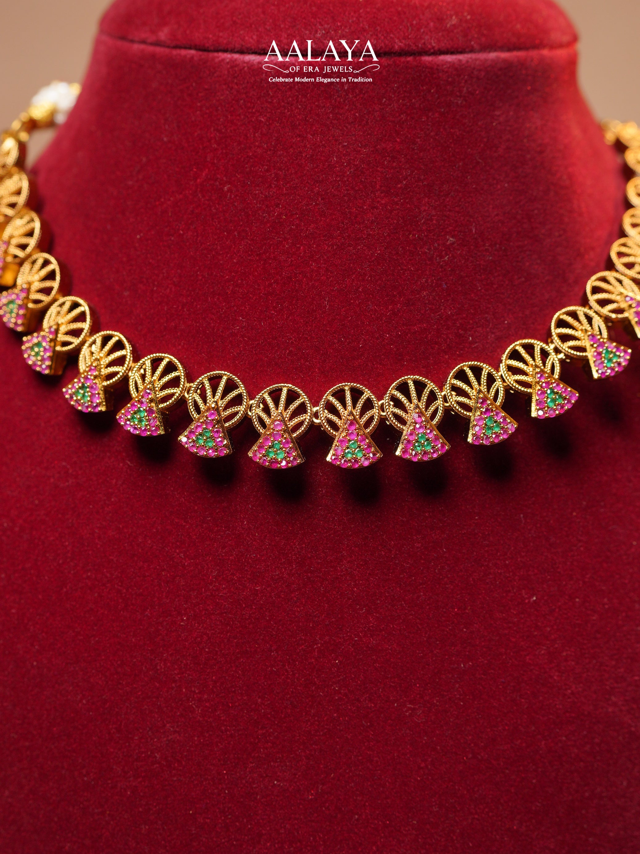 Aalaya Fan Motif Ruby & Emerald Accent Necklace Set