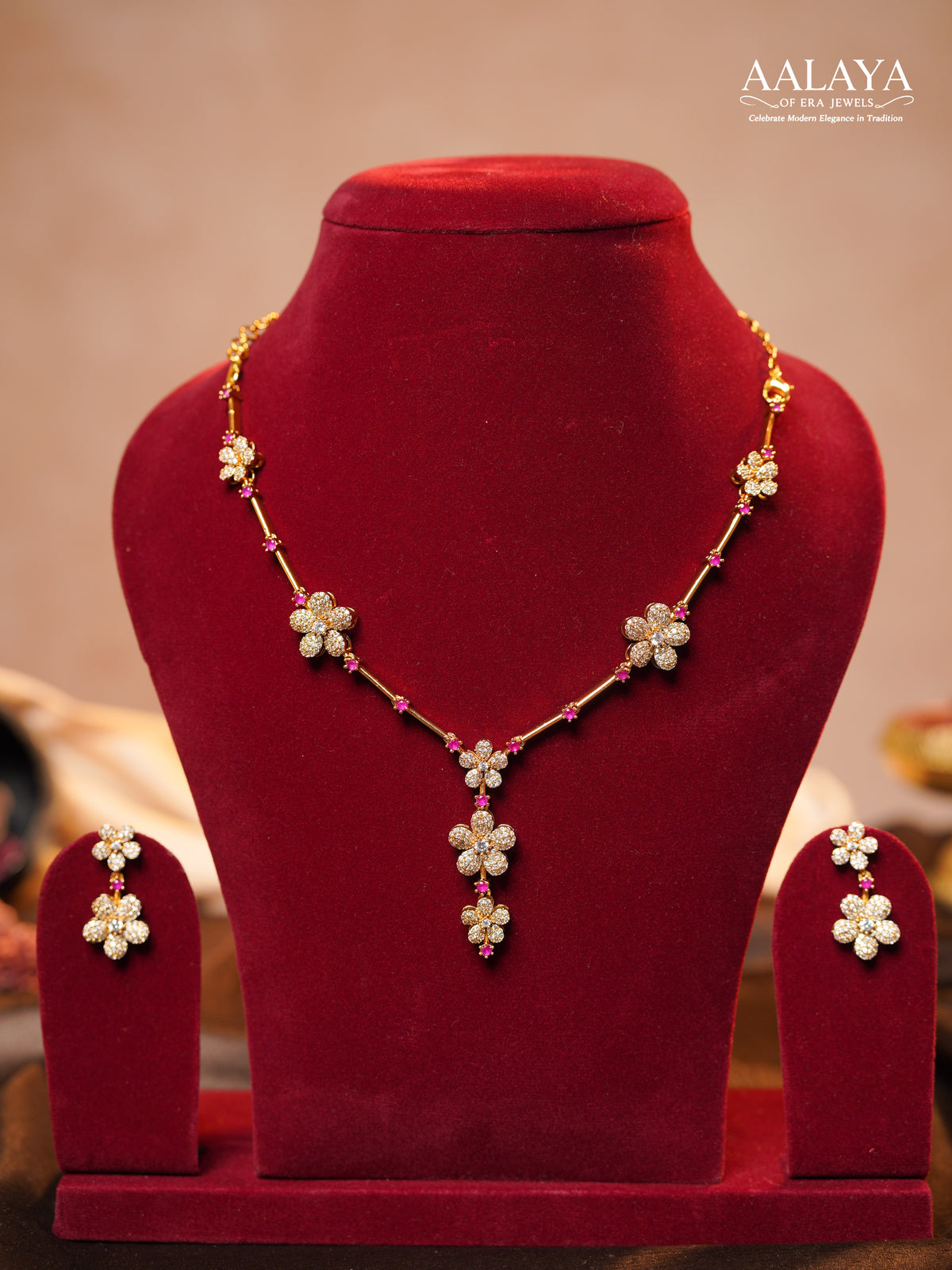 Aalaya Diamond Floral Drop Necklace Set