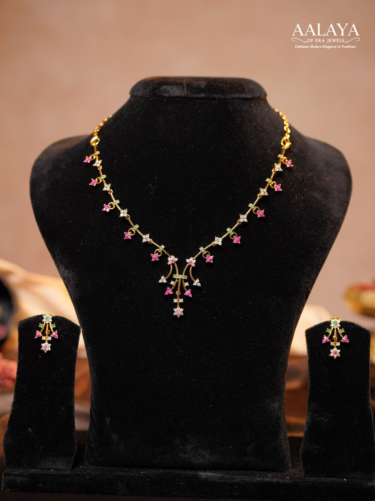 Aalaya Ruby Diamond Floral Vine Drop Necklace Set