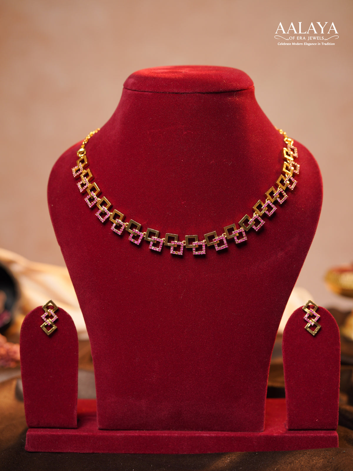 Aalaya Geometric Link Ruby Accent Necklace Set