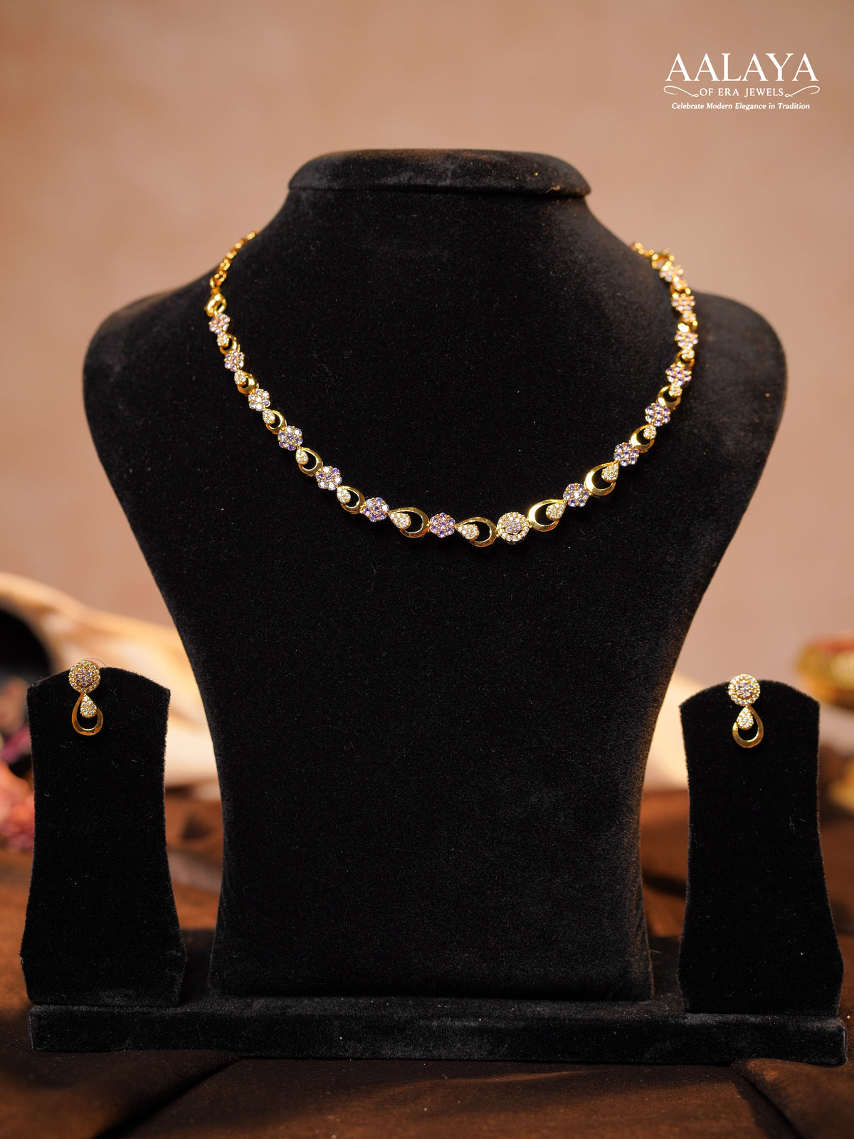 Aalaya Floral Loop Purple Glint Diamond Necklace Set