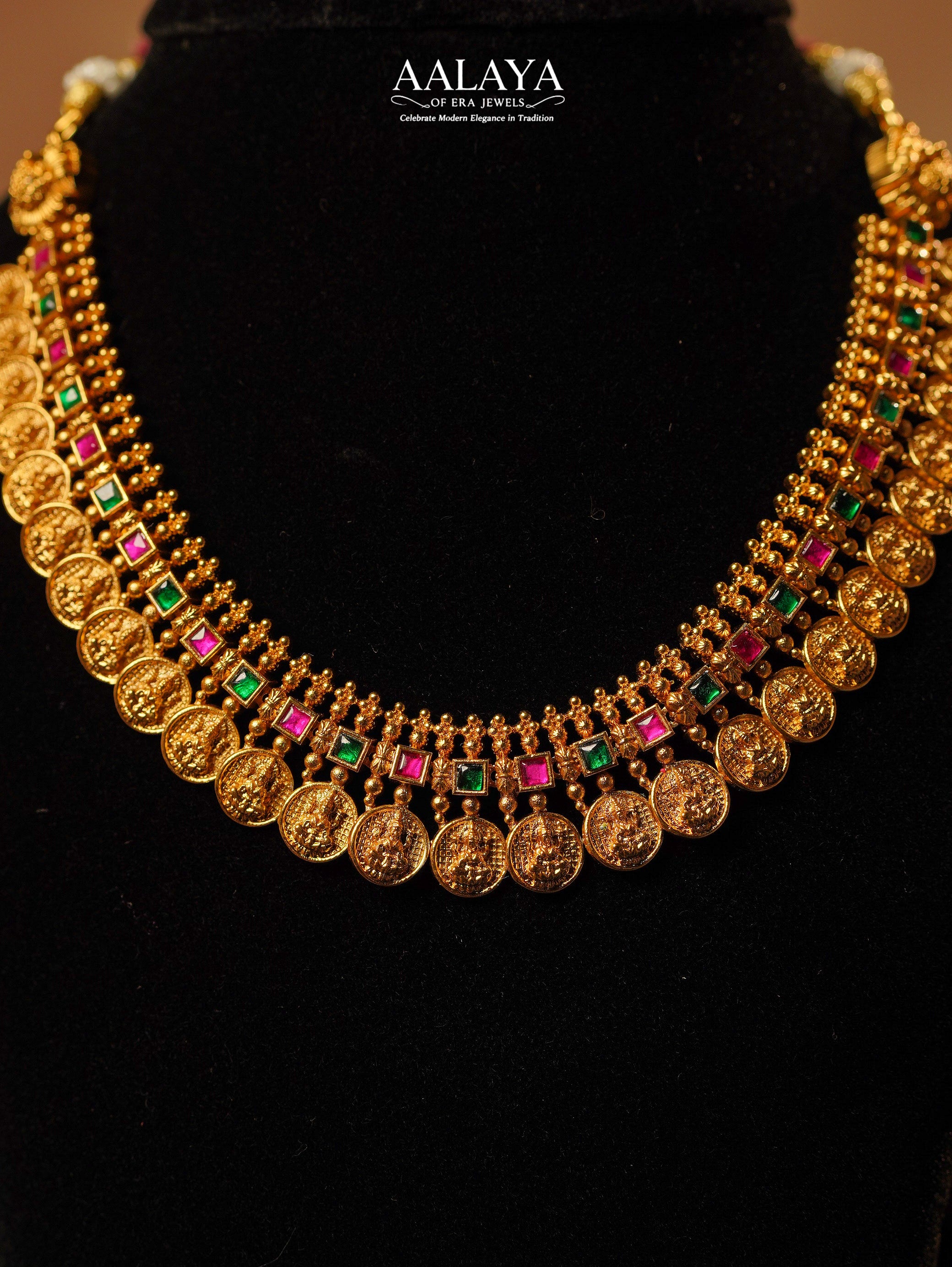 Aalaya Heritage Lakshmi Coin Ruby & Emerald Necklace & Haaram Set